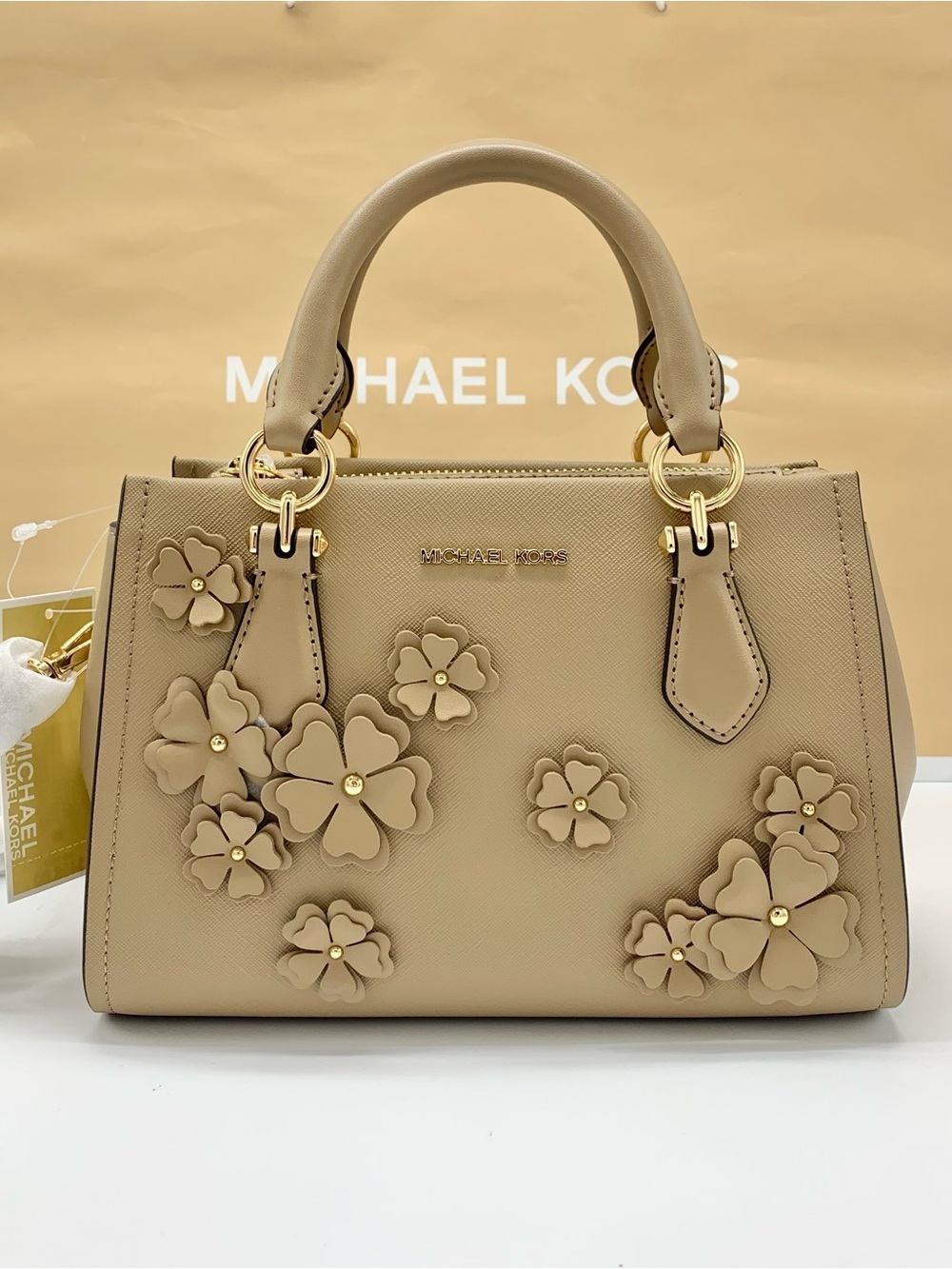 Michael Kors Marilyn Small Floral Embellished Satchel Camel color